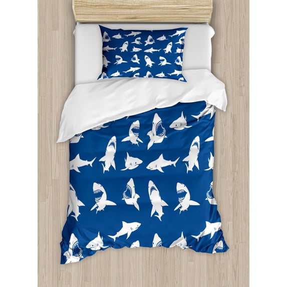 Shark Duvet Cover Set Twin Size, Shark Pattern with Various Gestures Have A Bite Danger Humor Nautical Design, Decorative 2 Piece Bedding Set with 1 Pillow Sham, Violet Blue White, by Ambesonne