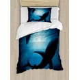thumbnail image 1 of Shark Duvet Cover Set Twin Size, Silhouette of the Fishes Swimming at Twilight Night Moon Mystic Magical Sea Scenery, Decorative 2 Piece Bedding Set with 1 Pillow Sham, Dark Blue, by Ambesonne, 1 of 3