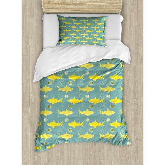 Shark Duvet Cover Set Twin Size, Yellow Silhouettes Saying Hi Great Fish with Friendly Representation, Decorative 2 Piece Bedding Set with 1 Pillow Sham, Yellow White Pale Sea Green, by Ambesonne
