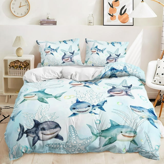 Shark Duvet Cover Set for Boys Kids, 3 Pieces Ocean Shark Comforter ...