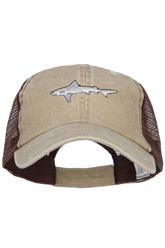 Shark Embroidered Washed Trucker Cap - Khaki Brown OSFM
