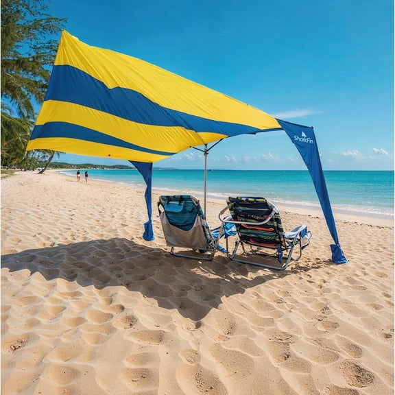 Shark FIN Shade Beach Tent Wind Sun Canopy Portable Easy Set Up UPF 50+ No Assembly Required 3-30 MPH - 1 to 8 People - Tie Downs Included - 2 Sizes Large 9' X 10' & Giant 13.5' X 10' PATENTS Pending