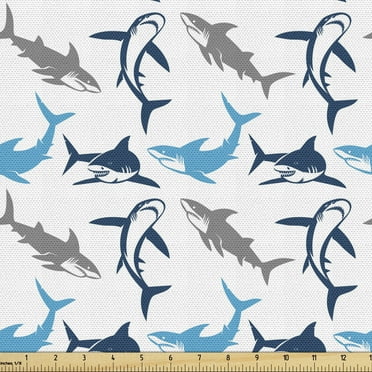 Shark Fabric by the Yard, Retro Style Different Abstract Silhouettes of Dangerous High Seas, Upholstery Fabric for Dining Chairs Home Decor Accents, 5 Yards, Blue Navy Blue Grey by Ambesonne