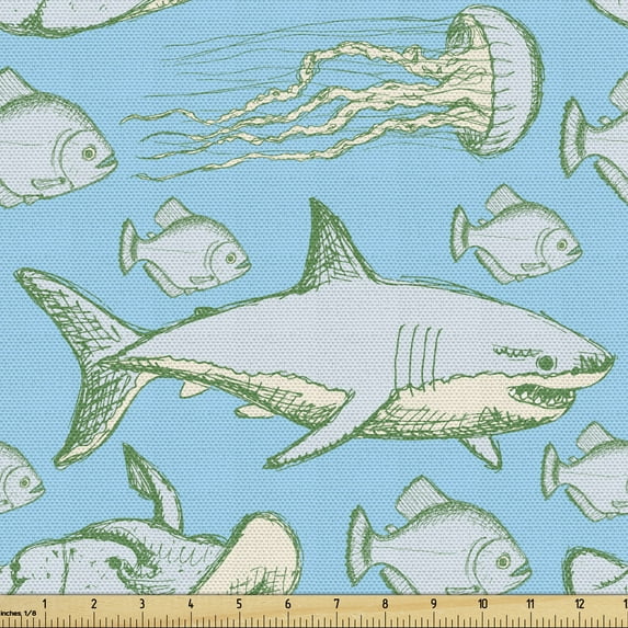 Ambesonne Shark Fabric by the Yard Upholstery, Vintage Sea Creatures, 10 Yards, Pale Blue Grey Green