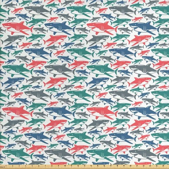 Shark Fabric by the Yard Upholstery, Colorful Underwater Fish Pattern Masters Survival Predators Dangerous Nature, Decorative Fabric for DIY and Home Accents, Multicolor by Ambesonne