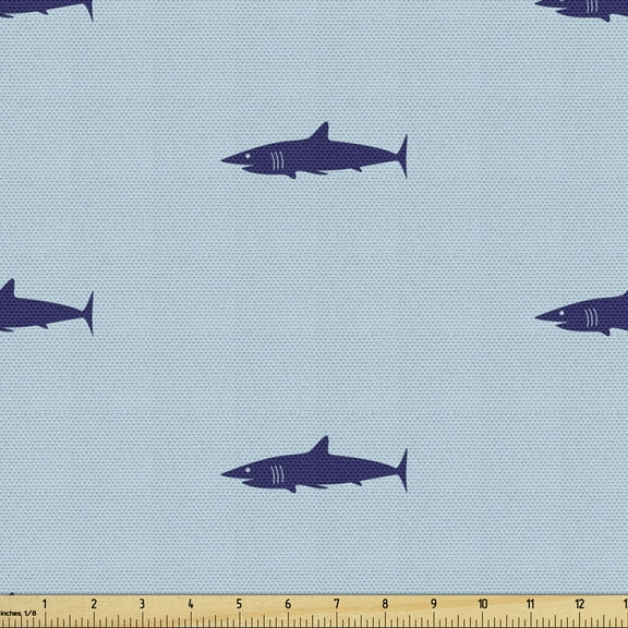 Ambesonne Shark Fabric by the Yard Upholstery, Ocean Life in Blue Shades, 2 Yards, Navy Blue Pale Blue