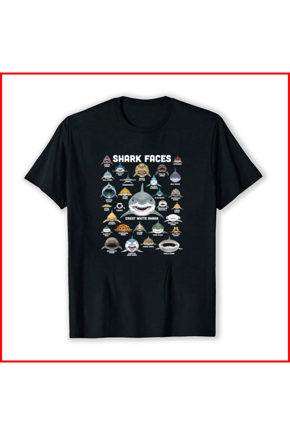 Shark Face Graphic 15 Shark Labels Ocean Enthusiast Unisex T-Shirt, up to Size 5XL