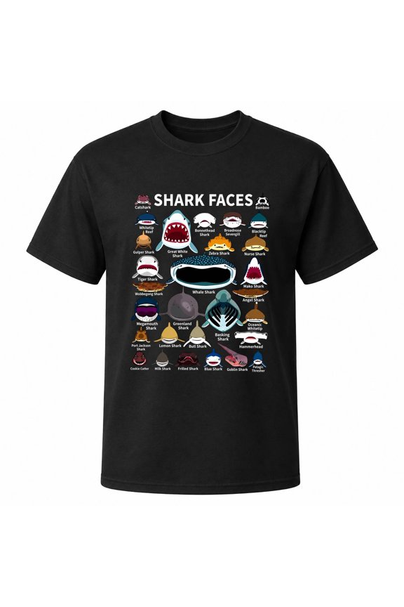 Shark Faces Species Chart Graphic T-Shirt, Unisex Classic Fit, Cotton-Rich 180 GSM, Front Print