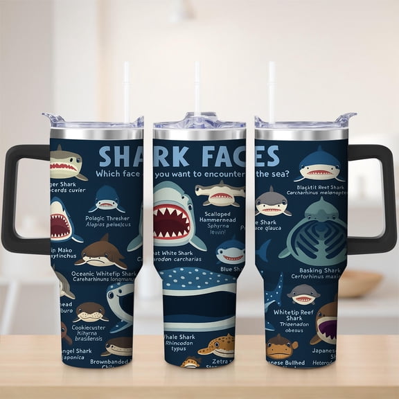 Shark Faces Stainless Steel Tumbler with Lid and Handle, 30oz