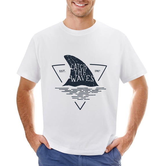 Shark Fin. Catch The Waves Men’s T-Shirt 100% Cotton Casual Short Sleeve Tops Gift Tee White 3XL