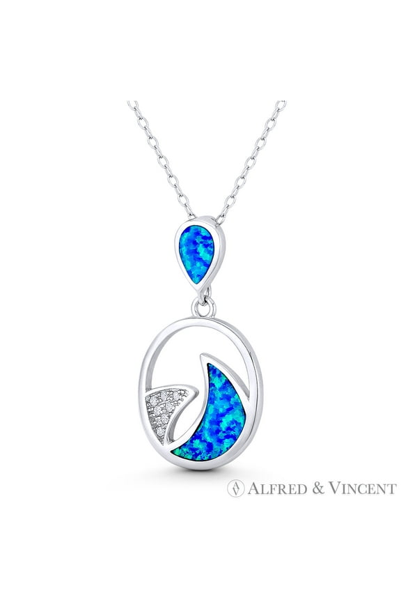 Shark Fin Sealife Charm Created Opal & CZ Crystal 30x17mm (1.2x0.7in) Pendant & Chain Necklace in .925 Sterling Silver w/ Rhodium