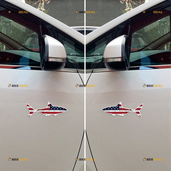 Shark Fish American Flag Car Magnet Sticker Magnetic Decal Subdued - Pair Mirrored Reversed Glossy 5" - for Truck Door Fridge Reusable Waterproof
