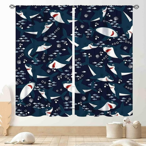 Shark Fish Curtains, Navy Blue Underwater Fish Ocean Animals Shark Fish Sea World Marine Cartoon Window Drapery Treatments for Kids Boys Girl Baby Bedroom Living Room Nursery 2 Panels, 84"x63" Inch
