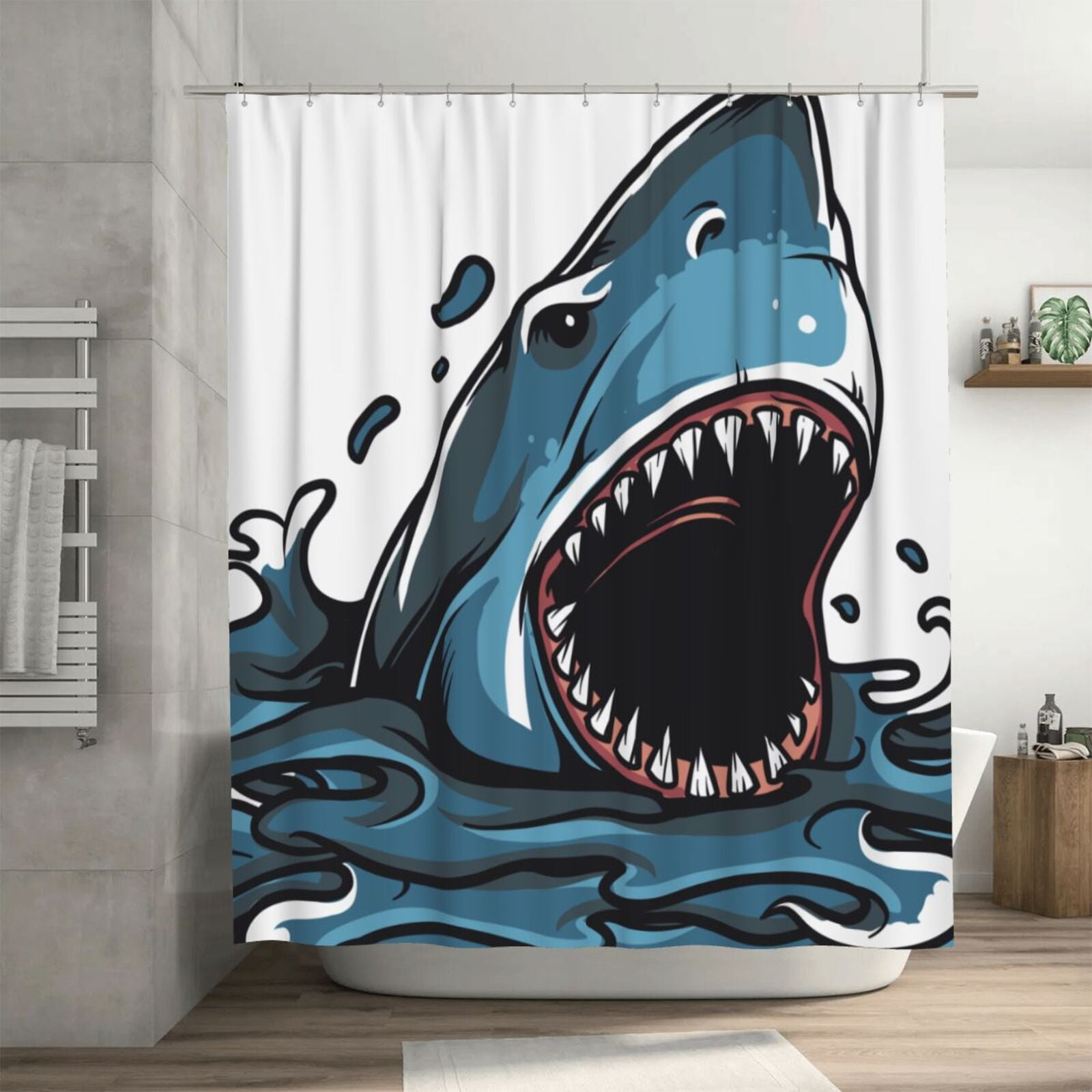 Shark Fish Predator Pattern Shower Curtain, Ocean Dangerous Animal Waterproof Bath Curtains for ...