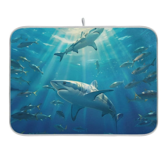 Shark Fish Swimming Dish Drying Mat 16x18 Absorbent Microfiber Draining Rack Pad for Kitchen Counter Sink