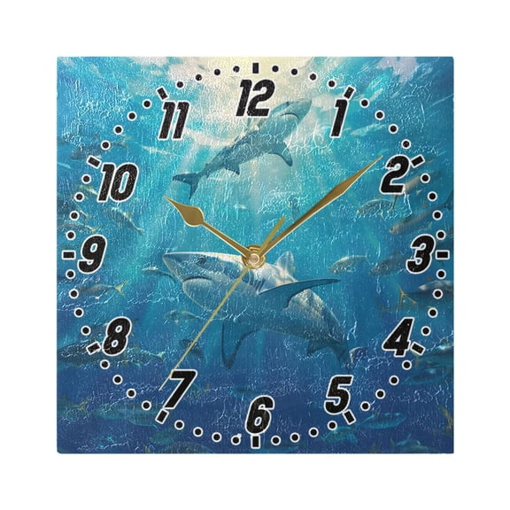 Shark Fish Swimming Wall Clock Battery Operated Silent Non-Ticking Bedroom Office Kitchen Home School Decor 7.8"(Gold)