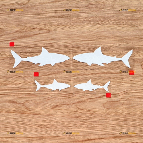 Shark Fish Vinyl Decal Sticker - Mirror Images Reversed - 2 Pairs White, 3 Inches, 5 Inches - for Car Boat Laptop Cup Phone 09010A