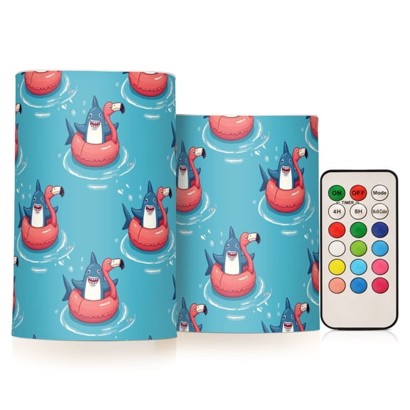 Shark Flamingo Swimming Circle Pattern Flameless LED Candle Set with Remote, Battery Operated Color Changing Pillar Candles, Set of 2