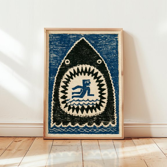 Shark Folk Art Poster, Nautical Linocut Print, Paper Wall Art, Poster Only