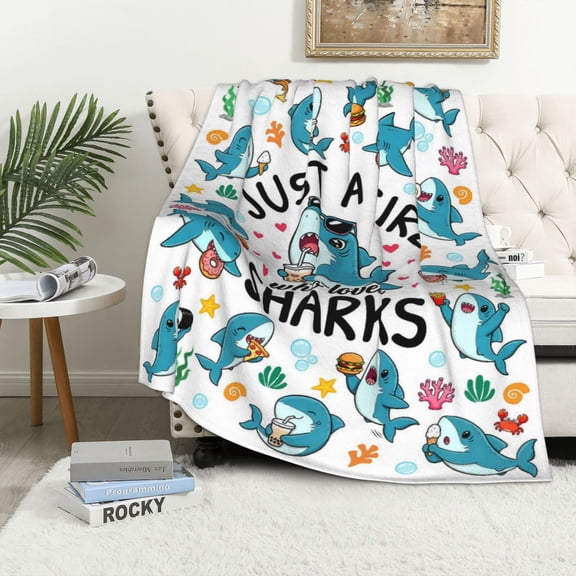 Shark Gifts Blanket for Women Girls Just A Girl Who Loves Sharks Funny Hamburger Blanket With Pizza Donut Stuff Shark Gifts for Girls Women Kids Sharks Lovers Birthday Decorations Room Decor 50"X40"