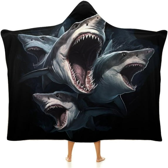 Shark Gifts, Shark Pattern Wearable Flannel Blanket Hoodie, Flannel Cloak Hooded Blanket Poncho