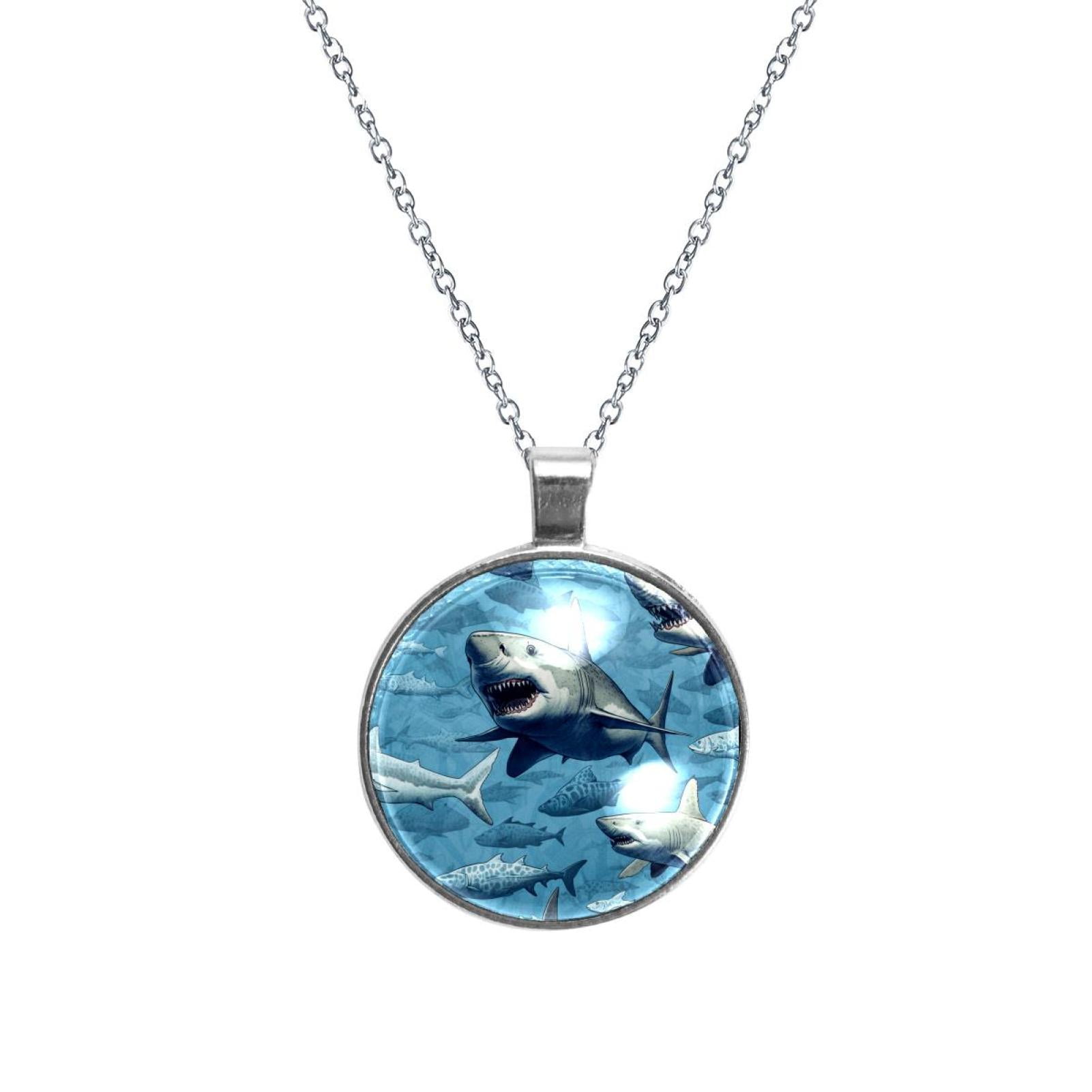 Shark Glass Design Circular Pendant Necklace