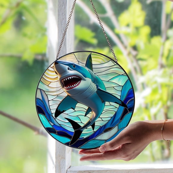 Shark Glass Suncatcher, Ocean Predator Marine Art, Sea Animal Window Hanging, 6.3 in