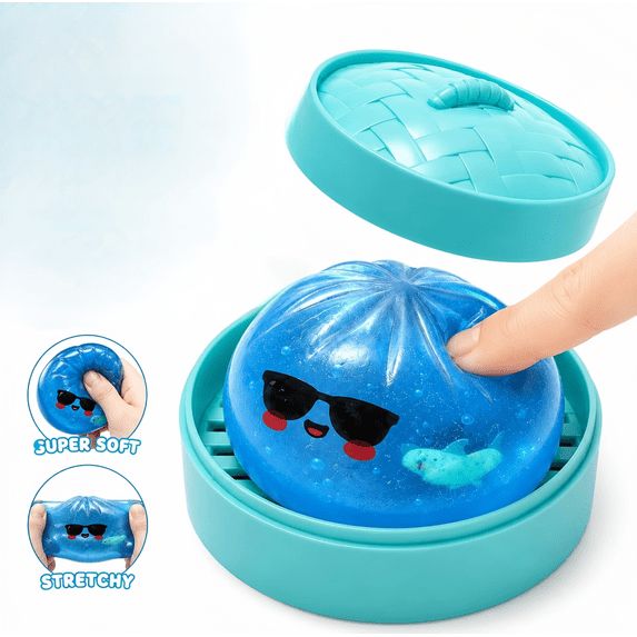 Shark Glitter Dumpling Squishy with Steamer - Cute Transparent Glitter Squeeze Ball with Inner Mini Shark, Soft Funny Sensory Stress Relief Fidget Accessory for Adult Daily Relaxation