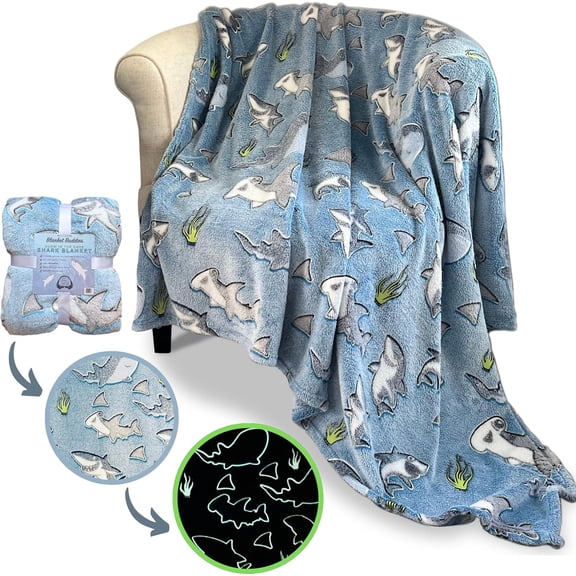 Shark Glow in The Dark Fleece Blanket: Cozy, Soft, Lightweight, Warm, 50" x 60" for Boys and Girls with Hammerhead, Mako, Blue, Whale, and Great White Sharks! (Blue)