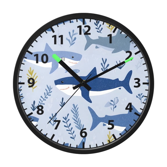 Shark Grass Pattern Wall Clock 12 Inch Voice Activated Night Light Silent Non Ticking