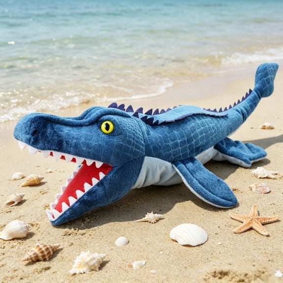 Shark Hand Puppet Blue Scale Embossed Open Mouth Shark Mosasaur Hand Puppet Soft Plush Interactive Role Play Toy Party Desktop Ornament Holiday Gift Plush(Blue-25cm)