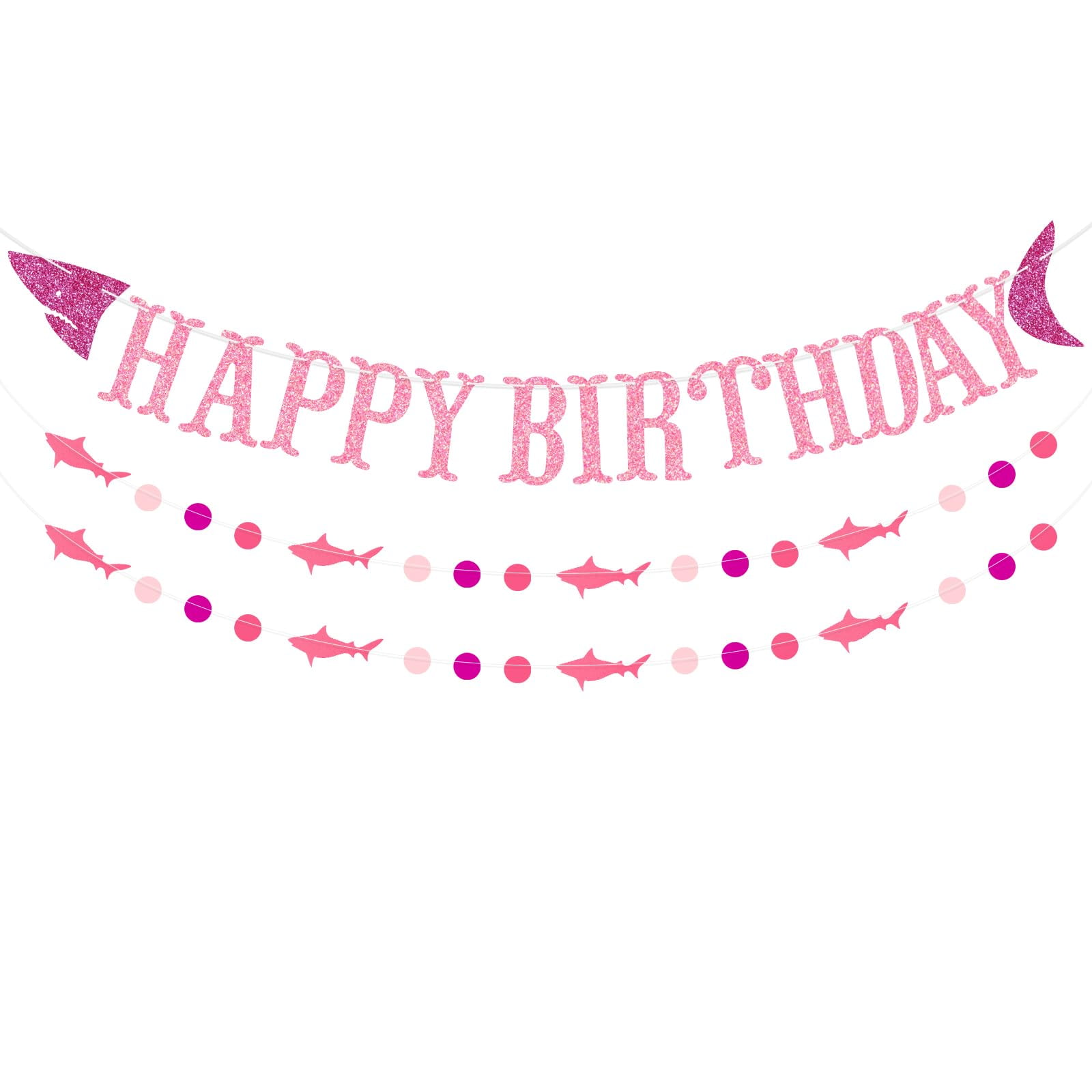 Shark Happy Birthday Banner and Shark Garlands, Ocean Beach Under The Sea Theme Party, Shark Party Supplies (Pink)