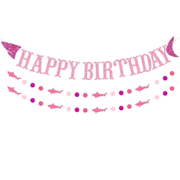 Shark Happy Birthday Banner and Shark Garlands, Ocean Beach Under The Sea Theme Party, Shark Party Supplies (Pink)