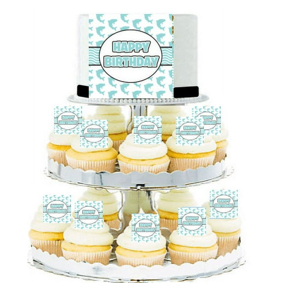 Shark Happy Birthday Edible Photo Toppers & Edible Cupcake Decoration Kit