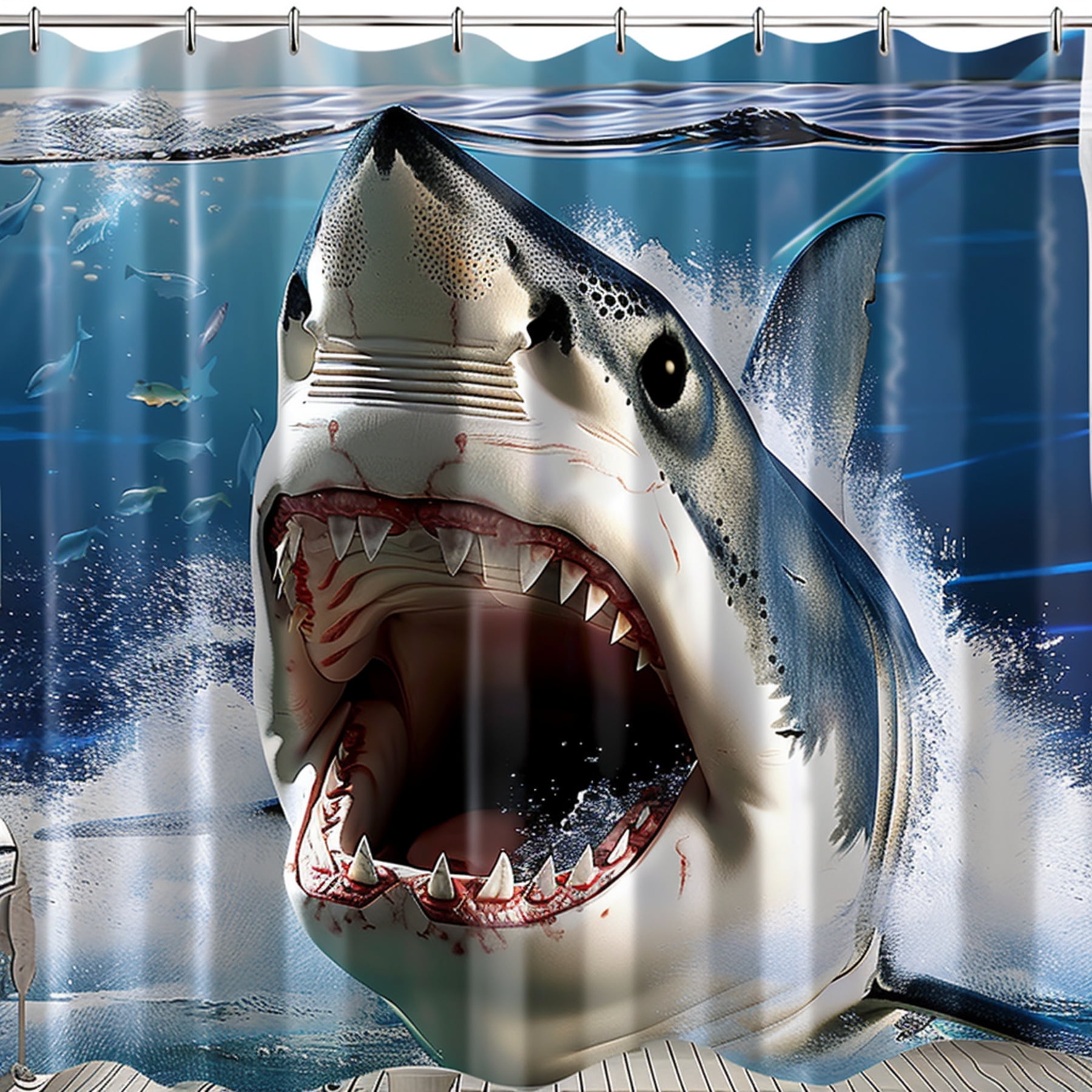 Shark Head Ocean Background Bathroom Curtain Photo Realistic Shower