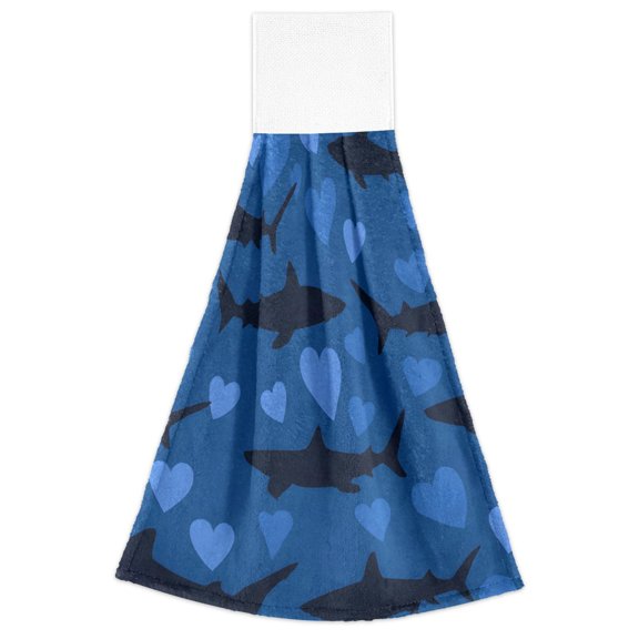 Shark Heart Pattern Hand Towels 2 Pack Quick Dry Velvet Soft with Velcro Kitchen Bath 14x18in