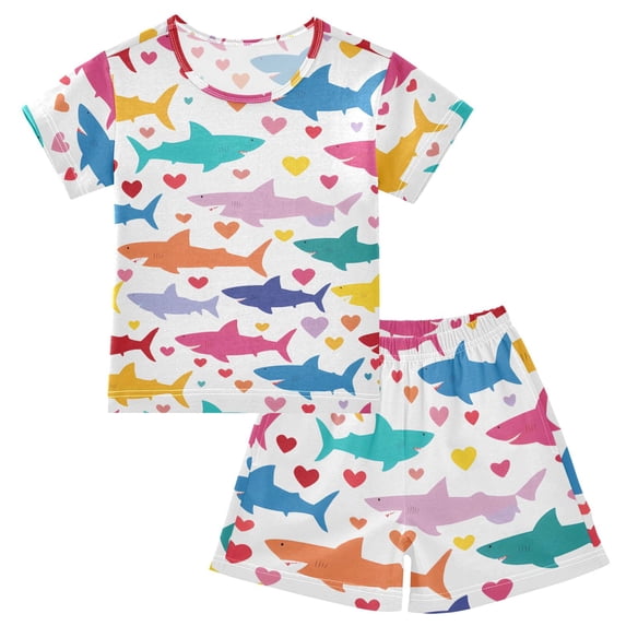 Shark Heart Pattern Summer Pajama Set Soft Cotton Short Sleeve Sleepwear 2PCS Pajama Sets Breathable Lounge Set Size 14Y