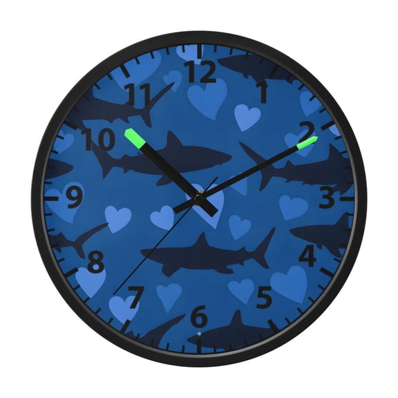 Shark Heart Pattern Wall Clock 12 Inch Voice Activated Night Light Silent Non Ticking