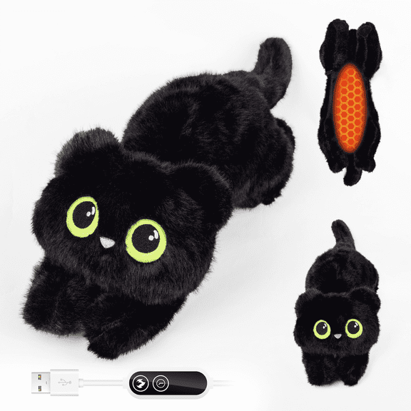 Cat Heating Pad for Period Cramps Menstrual Pain Relief,Cute Stuffed Animal Electric Heating Pad Plush,USB Powered Heated Plush Toy,Portable Warm Cushion Gift for Women Teen Girls Christmas,Black