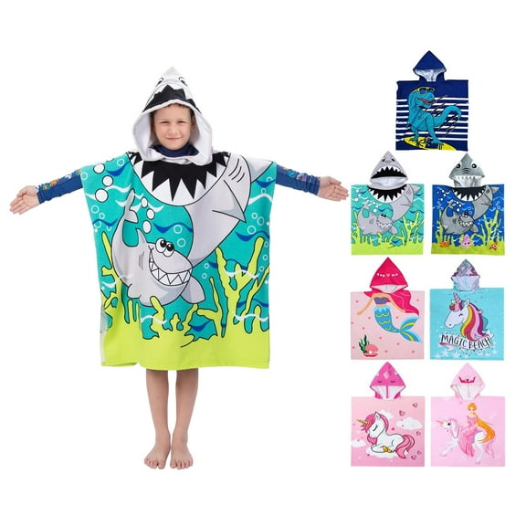 Shark Hooded Towels for Kids, Poncho Beach Towels for Kids, Kids Beach Towels for Boys/Girls, Swimming Towels/Towel Robes/Wearable Towels/Pool Towels for Kids 2-10, Hooded Beach Towels for Toddler