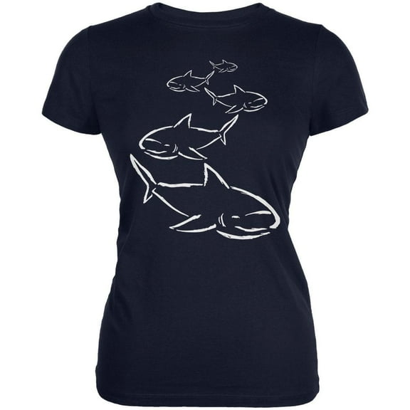 Shark Hunting Line Handdrawn Juniors Soft T Shirt Navy MD