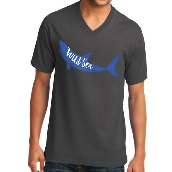 Shark In Wild Sea Graphic Design Men's Big Size Core Cotton V-Neck T-Shirt - Charcoal 3XL