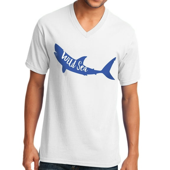 Shark In Wild Sea Graphic Design Men's Big Size Core Cotton V-Neck T-Shirt - White 4XL