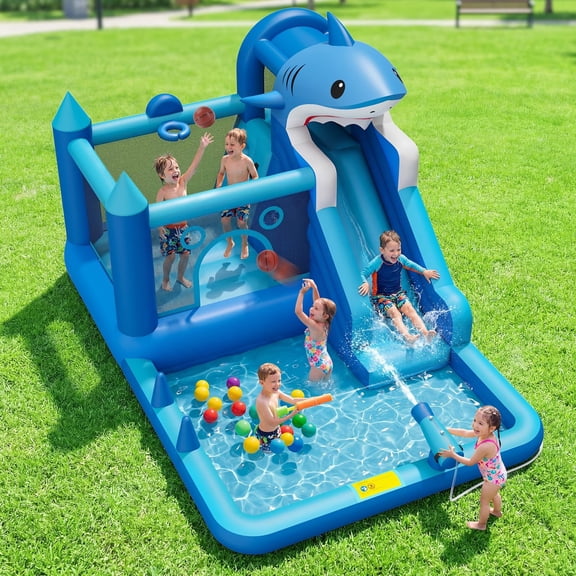 Shark Inflatable Bounce House with Water Slide, Splash Pool & Blower for Kids Indoor Outdoor Fun