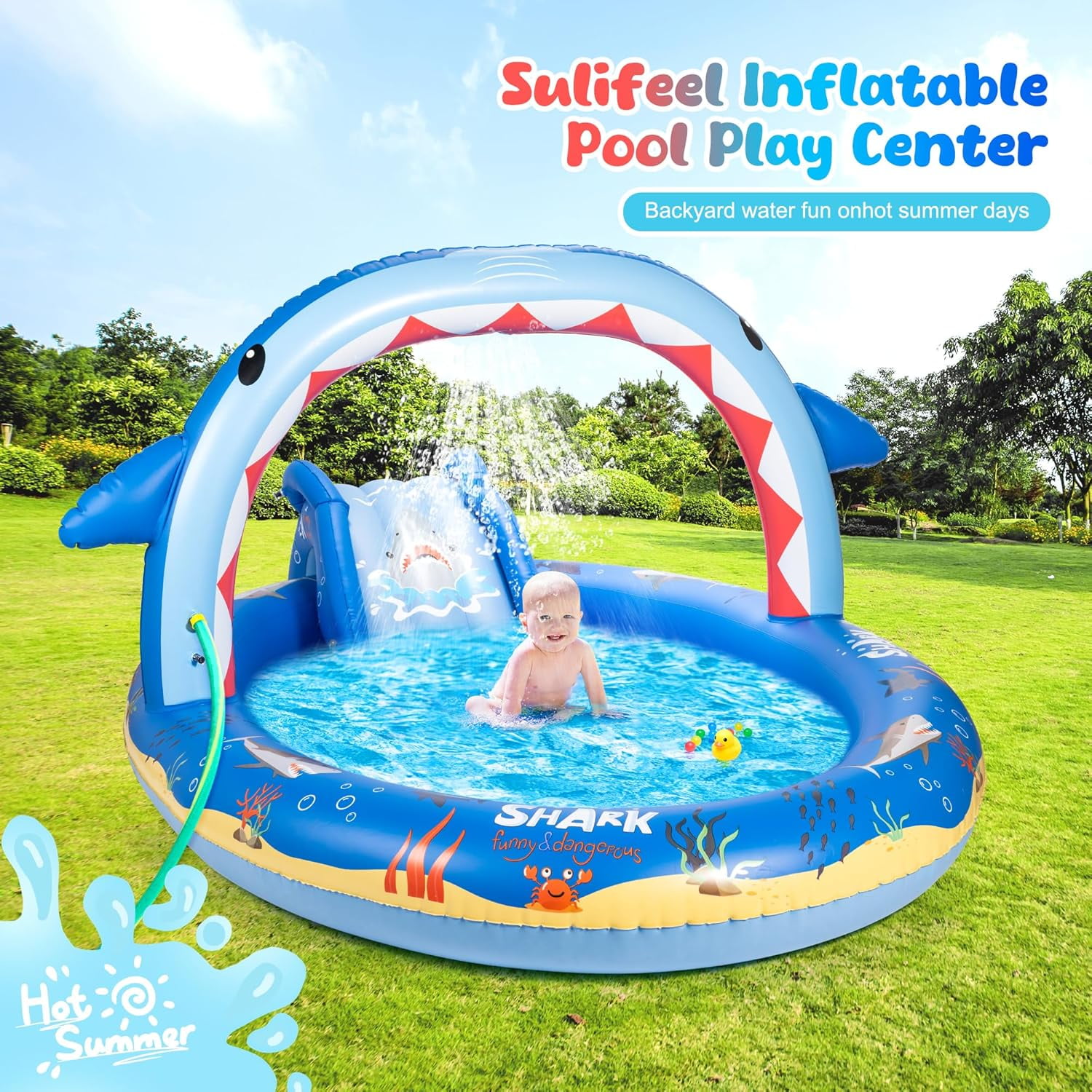 Shark Inflatable Play Center Kiddie Pool with Slide and Sprinkler for