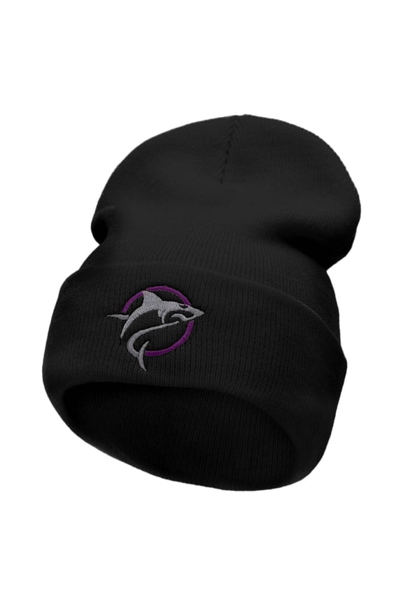 Shark Jump Embroidered 12 Inch Long Knitted Beanie - Black OSFM