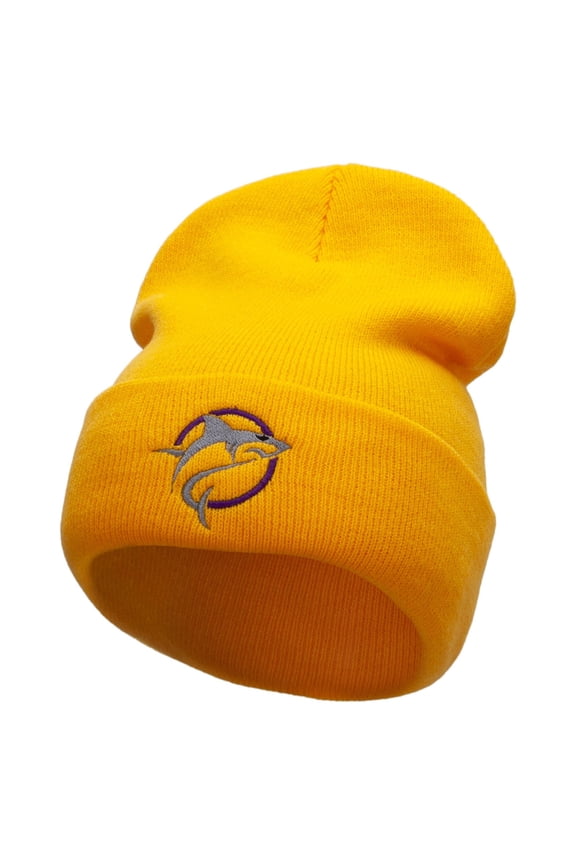 Shark Jump Embroidered 12 Inch Long Knitted Beanie - Yellow OSFM