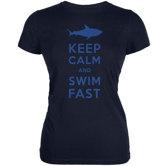 Shark Keep Calm and Swim Fast Navy Juniors Soft T-Shirt - X-Large