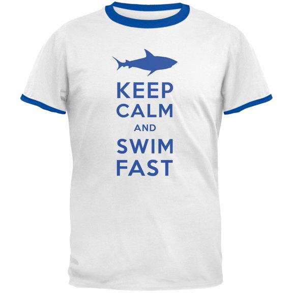 Shark Keep Calm and Swim Fast White/Royal Men's Ringer T-Shirt