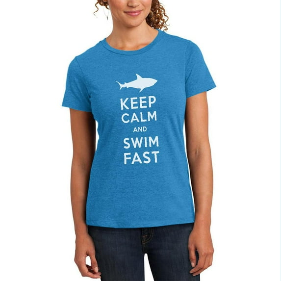 Shark Keep Calm and Swim Fast Womens Soft Heather T Shirt Heathered Bright Turquiose LG